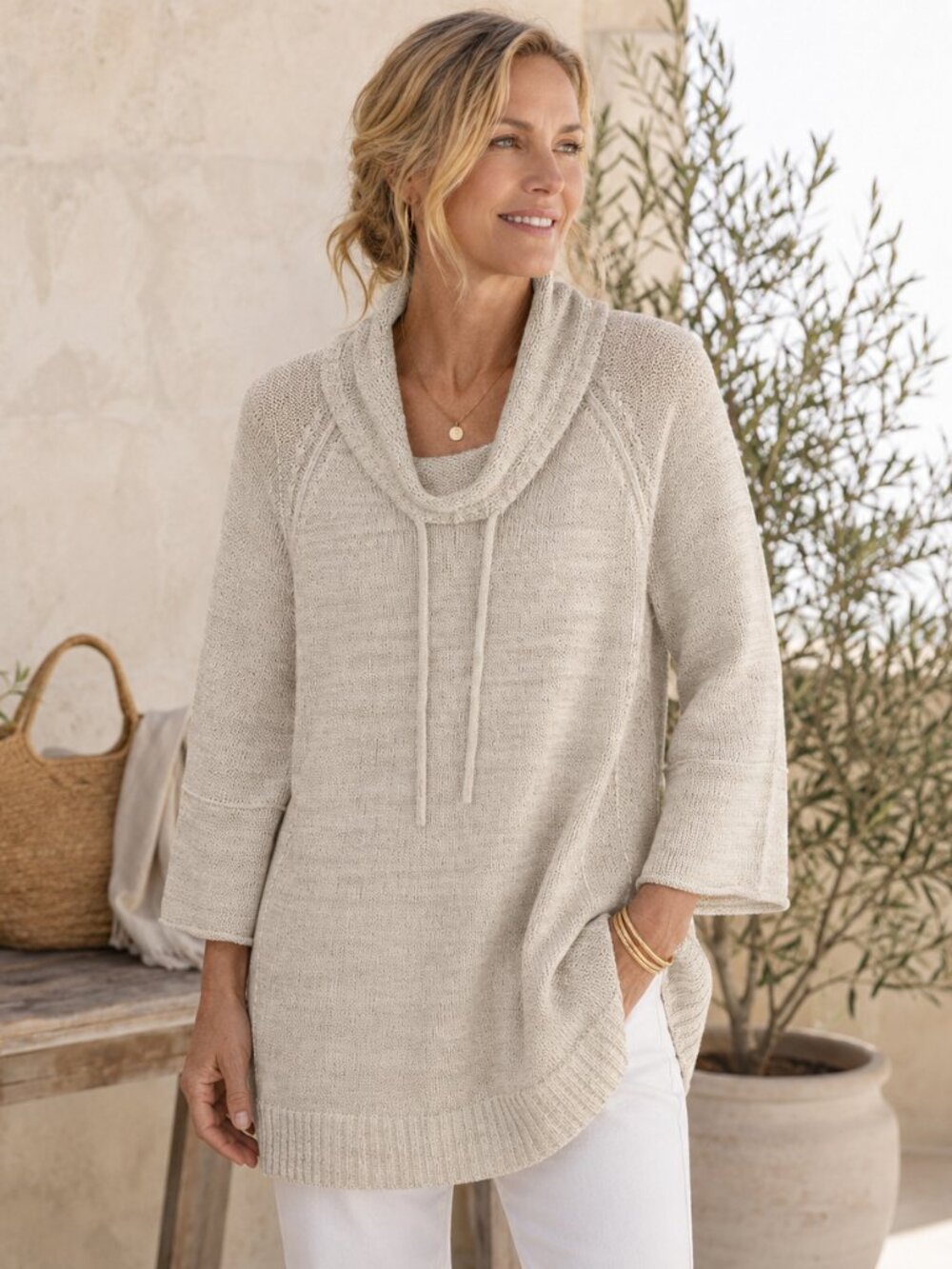 Garnet Hill SZ L Linen Cotton Blend Comfy Cowl Neck Pullover Tunic Length